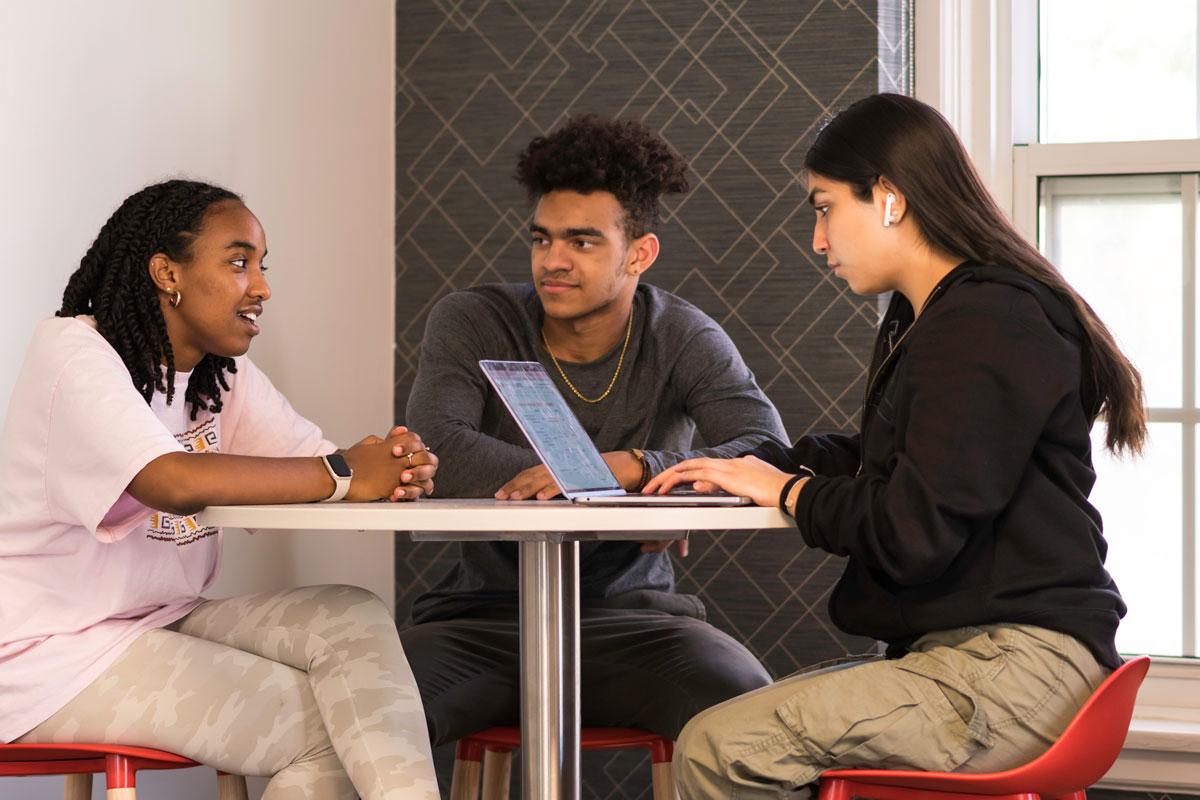 Three University of Rochester students collaborate at a table, focused on a laptop during a study session.